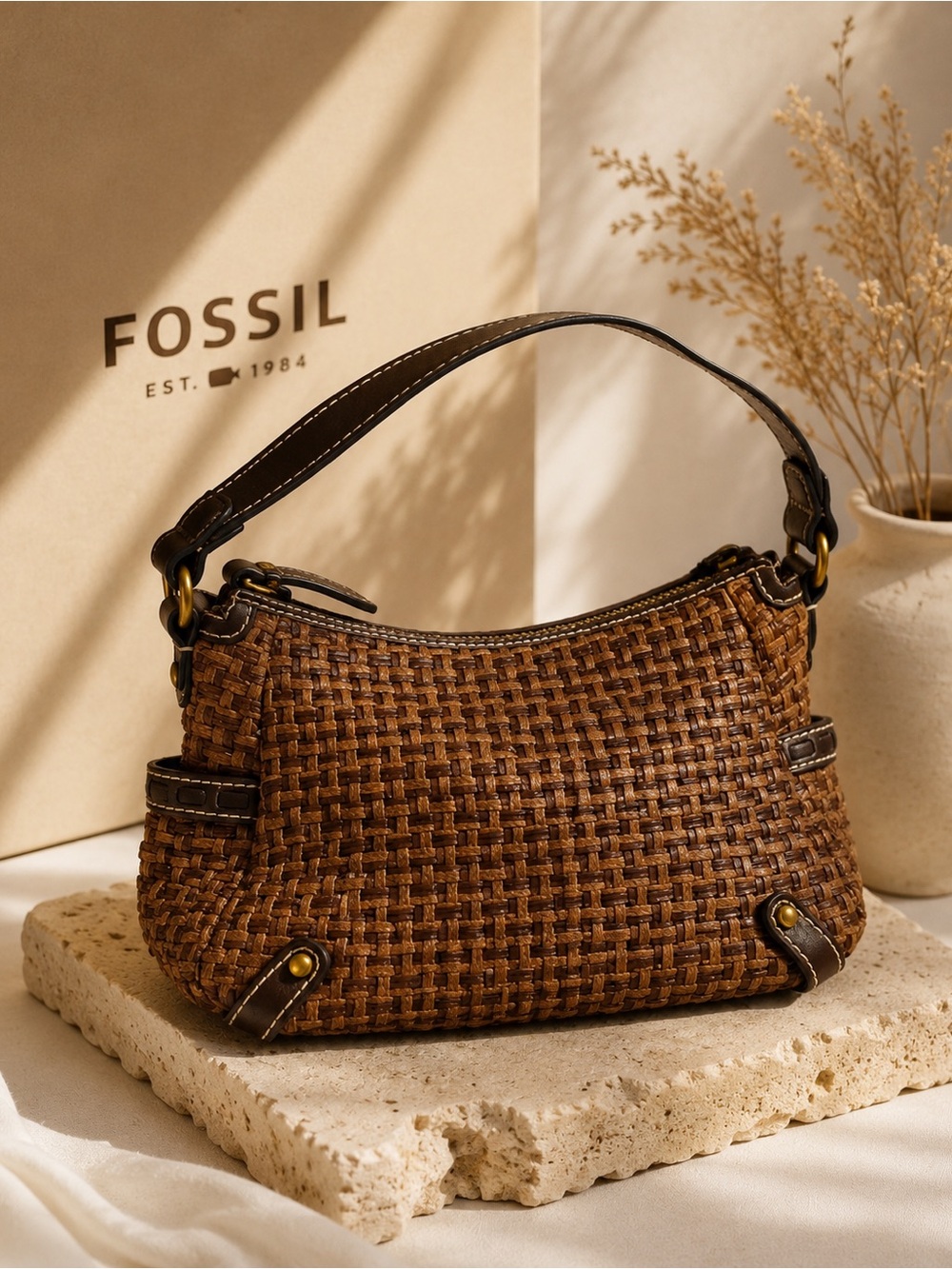 Fossil Modern Vintage woven handbag with distinct brown raffia leather design